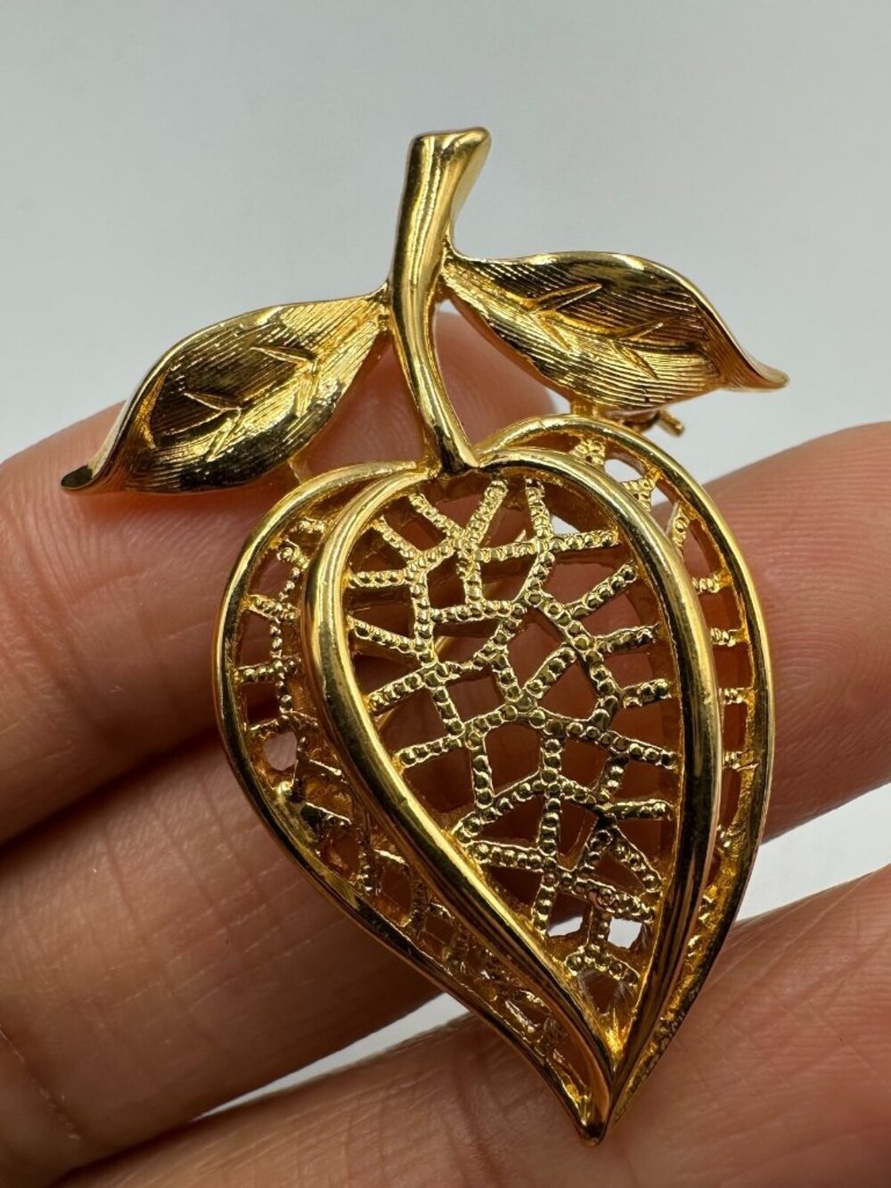 Vintage Trifari Brooch Gold Tone Berry Leaf Open Work Figural Pin 1.5 Inch